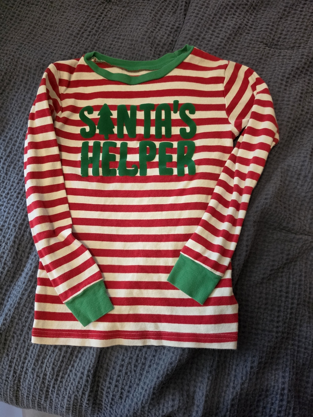 Simple Red & White Striped "Santa's Helper" Long-Sleeve Top with Green Trim